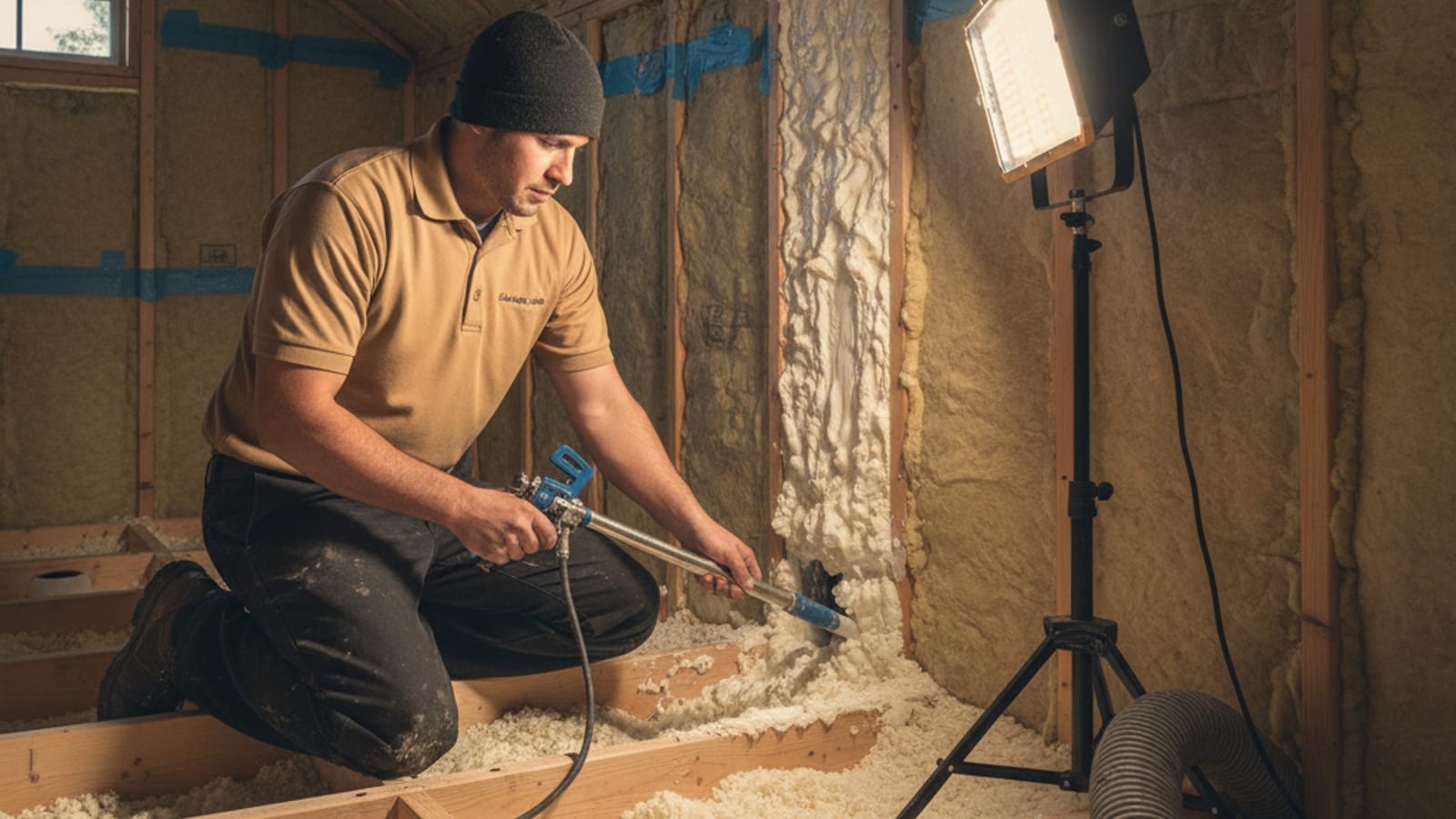 Worker applying expanding foam around a top-plate penetration in an attic