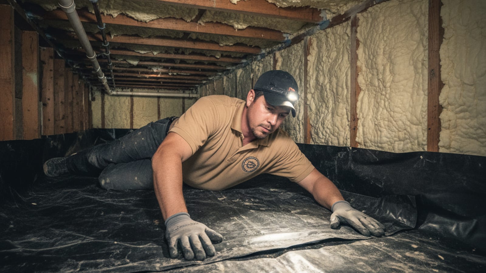 Insulation worker installing a vapor barrier in a San Diego crawlspace