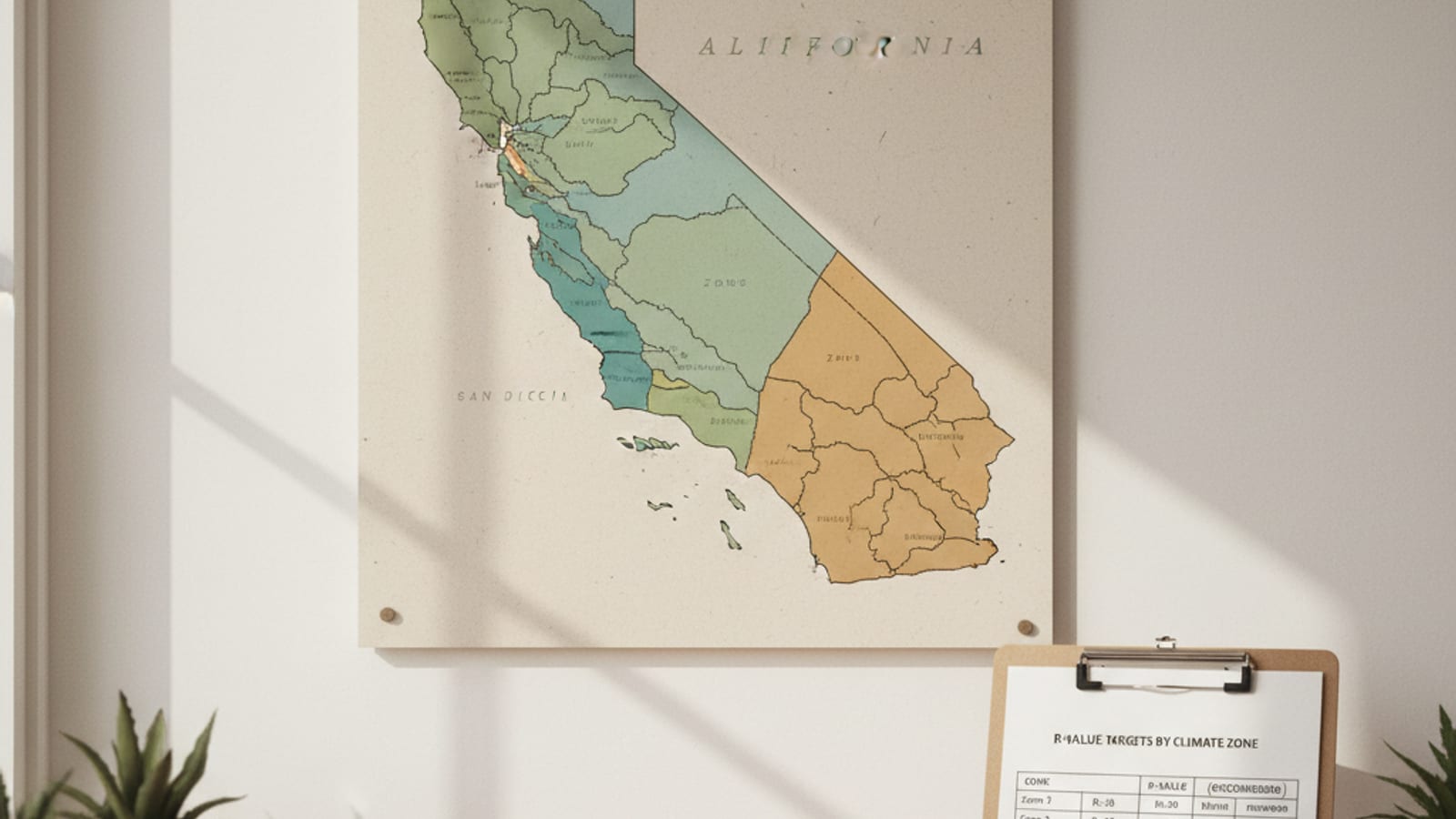 California climate zone map highlighting San Diego County with R-value targets per zone overlaid