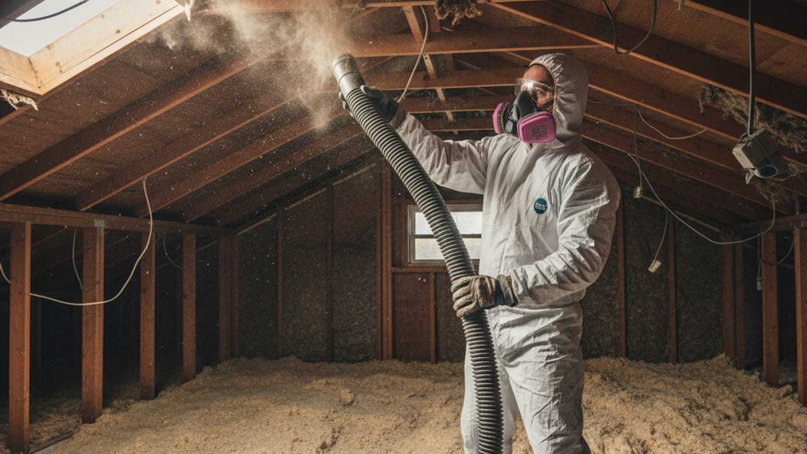 Worker in PPE running a vacuum hose in an attic with rodent-damaged insulation