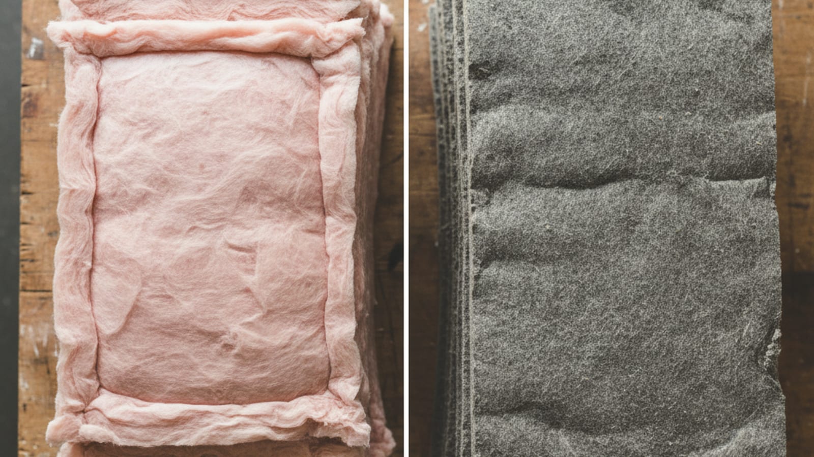 Side-by-side of pink fiberglass batts and dense gray mineral wool batts on a workbench