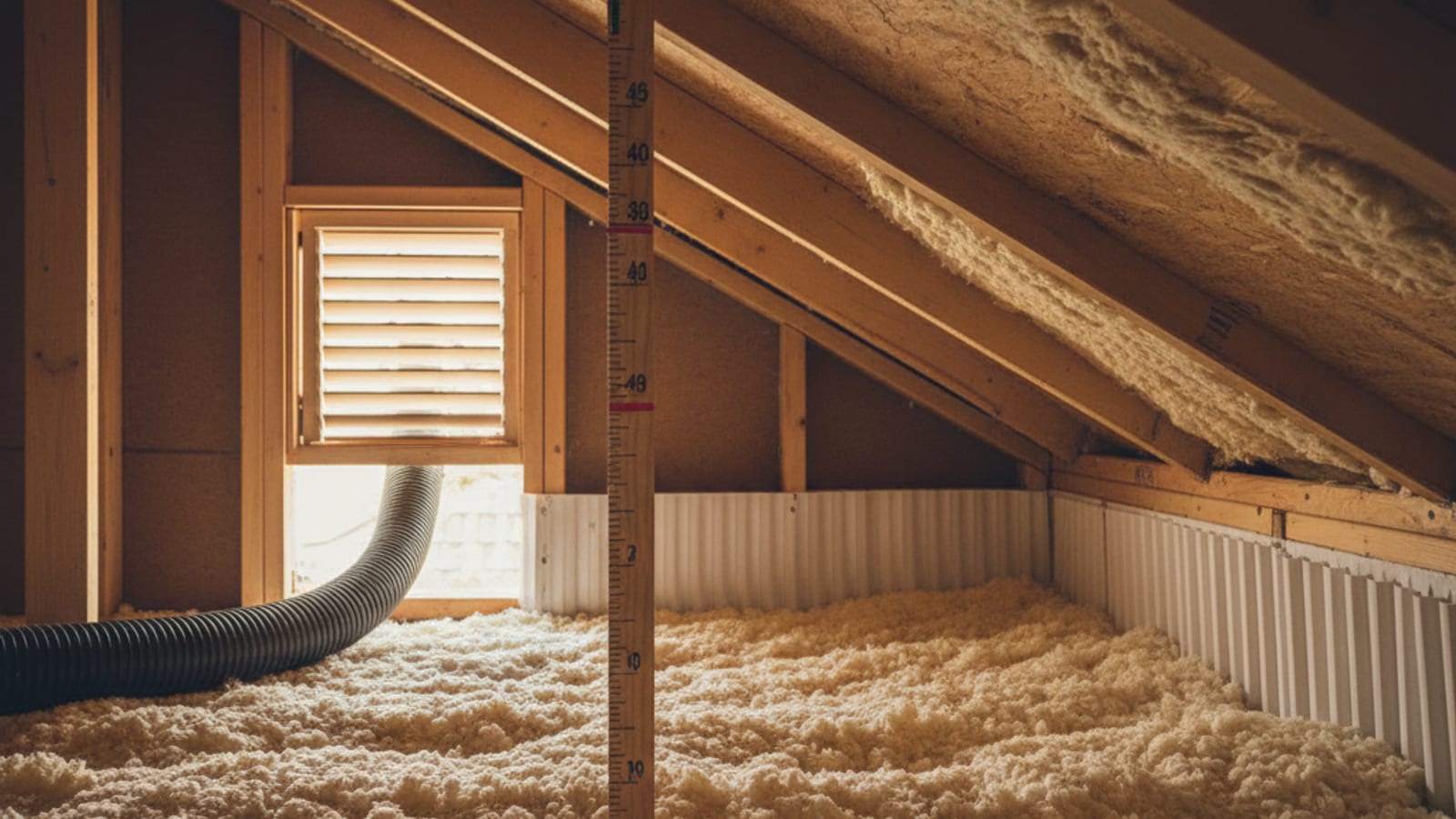 Cross-section of an attic showing depth markers on rafters next to blown-in cellulose