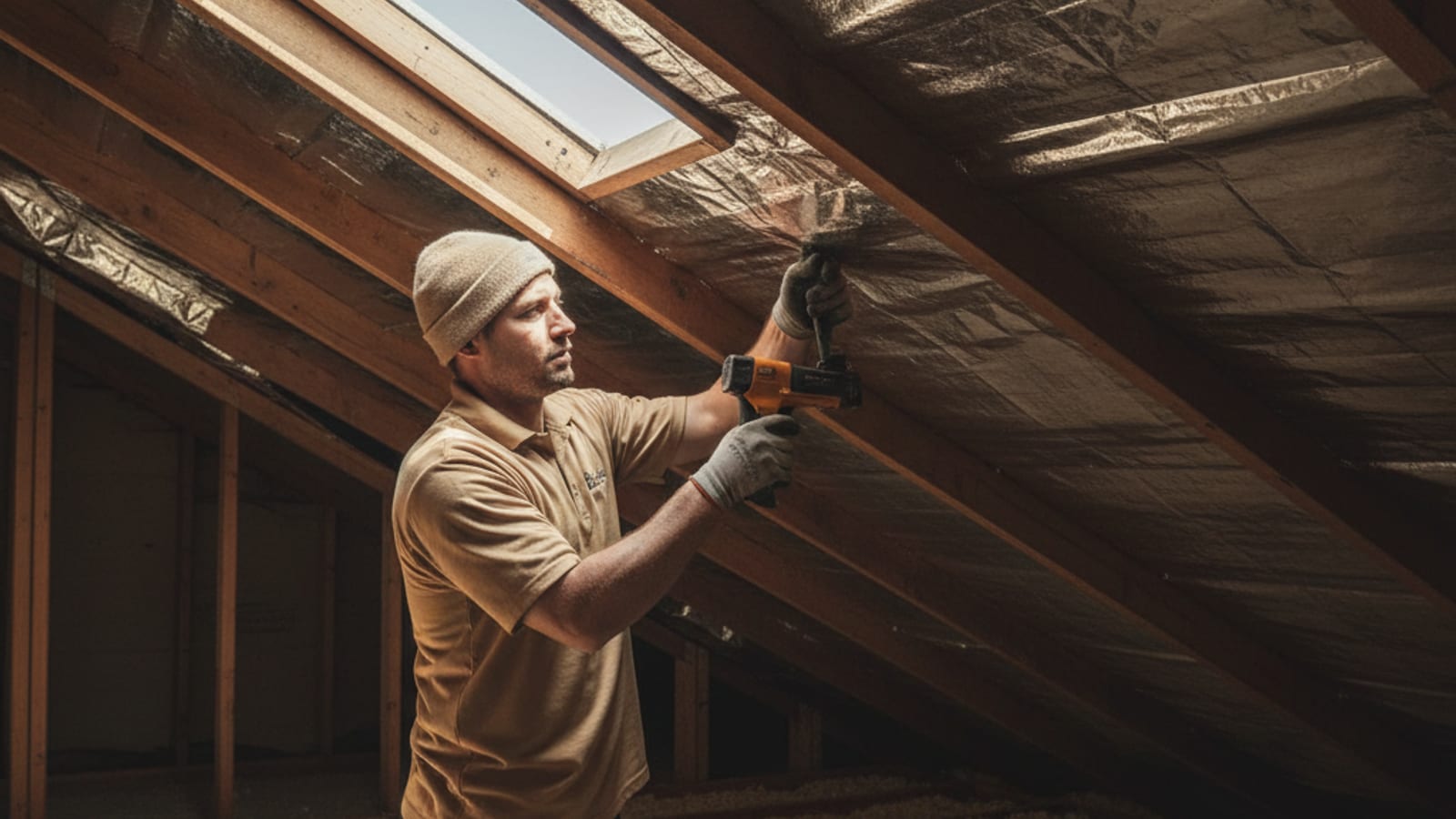 Reflective foil radiant barrier stapled to attic rafters in an East County San Diego home