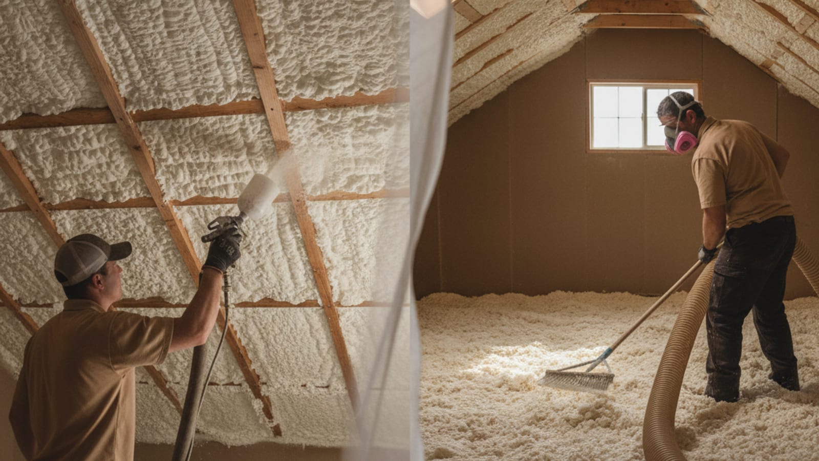 Side-by-side comparison of spray foam at a roof deck and blown-in cellulose on an attic floor