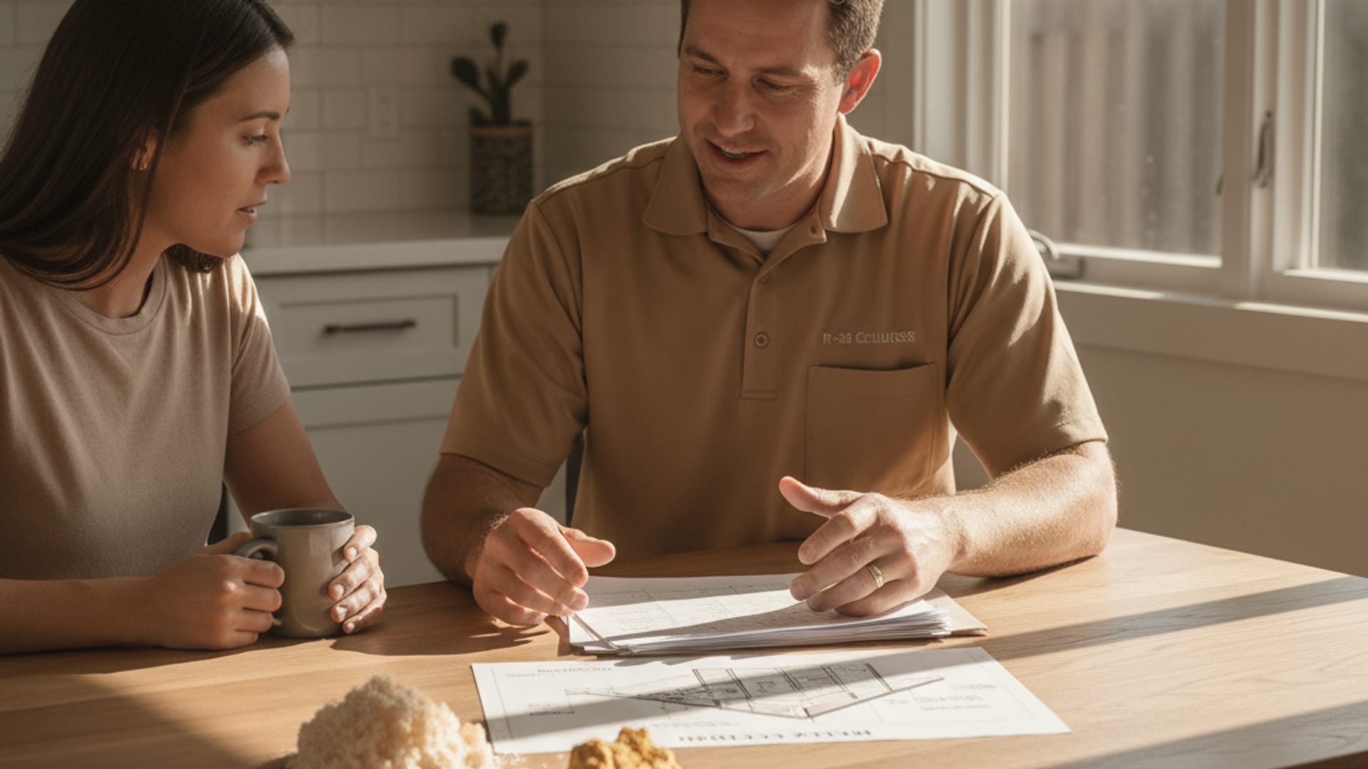 Insulation installer in a warm-tan polo discussing attic insulation options with a homeowner inside a well-lit San Diego home