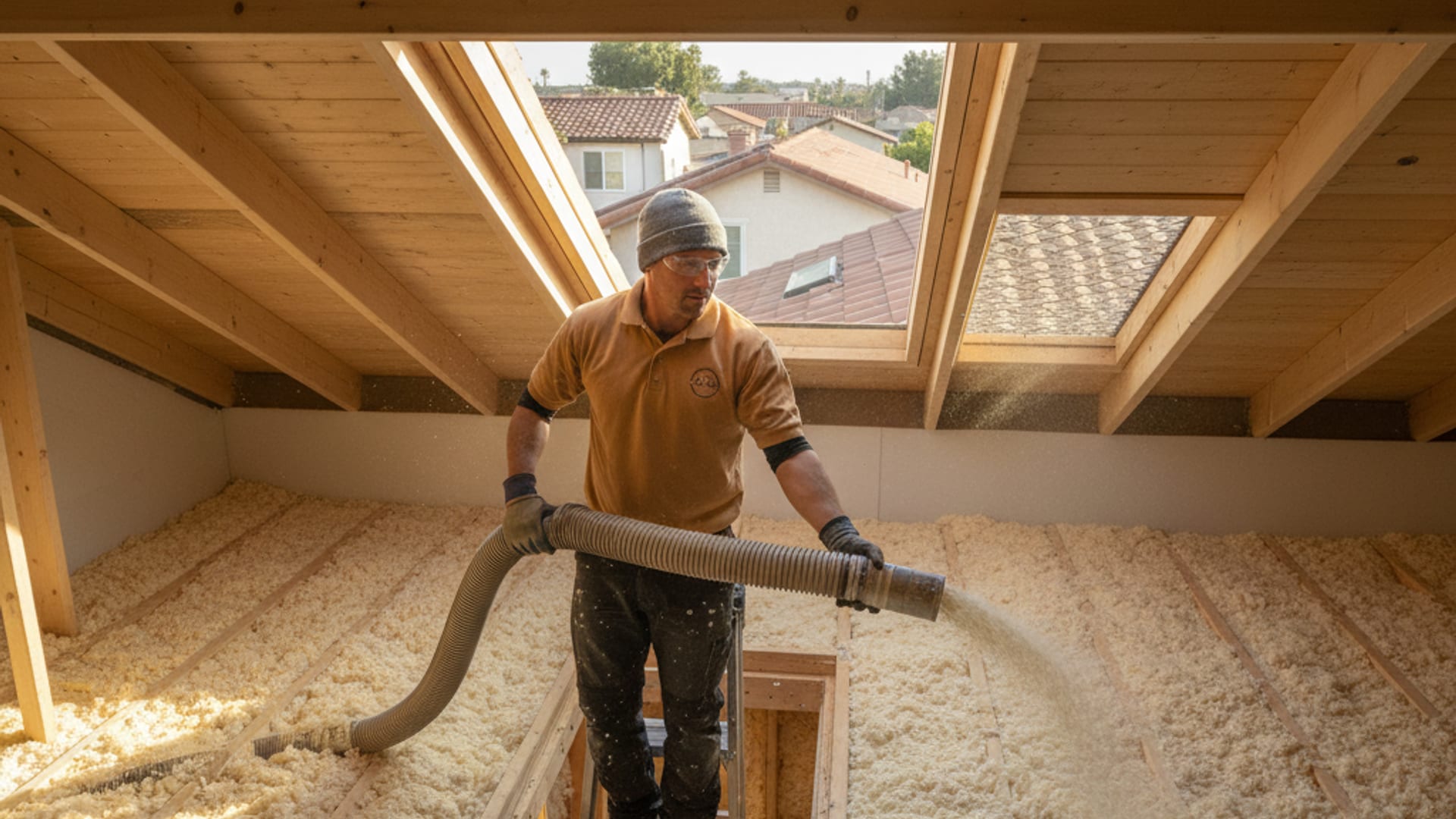 Insulation installer in a warm-tan polo blowing cellulose into a San Diego attic