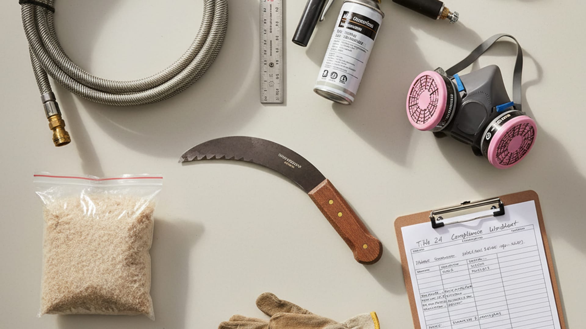 Overhead flat-lay of professional insulation tools — fill hoses, depth gauge, foam gun, batt knife, respirator, gloves — on a clean work surface