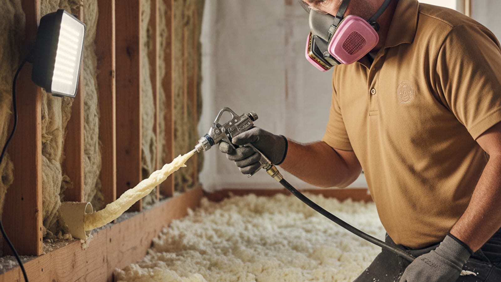 Worker applying expanding foam around a top-plate penetration in an attic