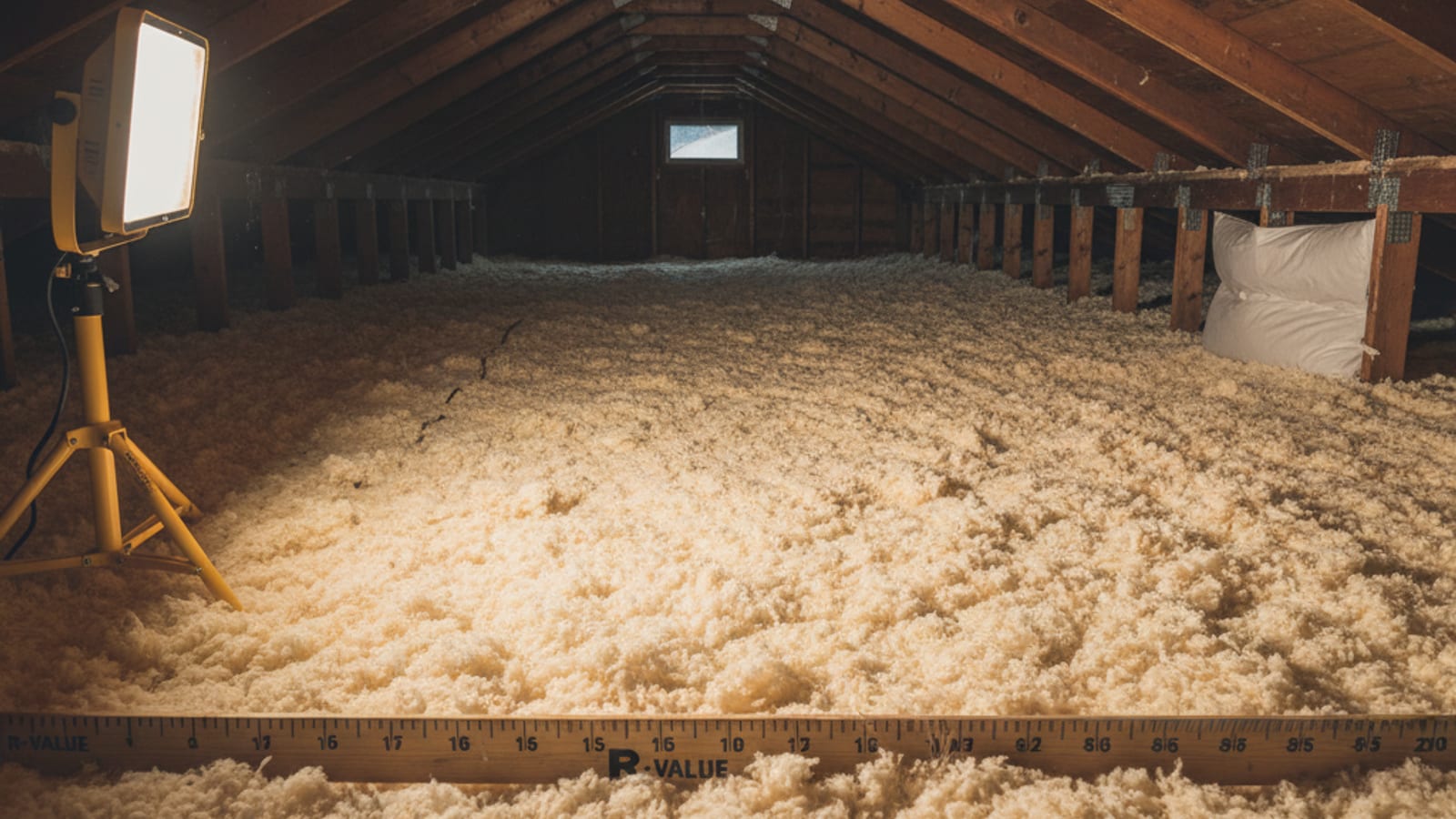 Cross-section view of a San Diego attic with marked depth showing blown cellulose to R-49