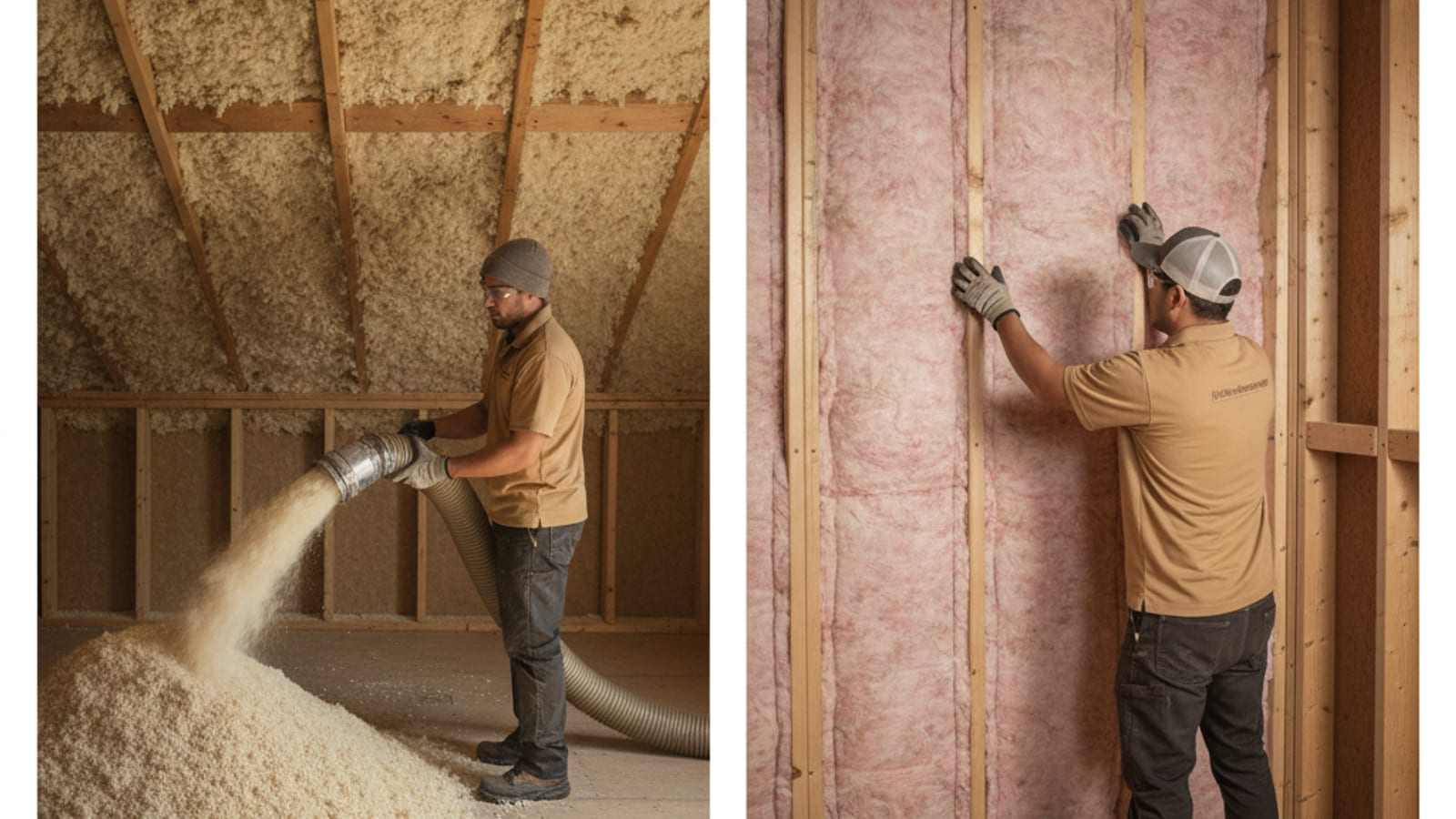 Side-by-side of blown-in cellulose on the left and fiberglass batts on the right in framing