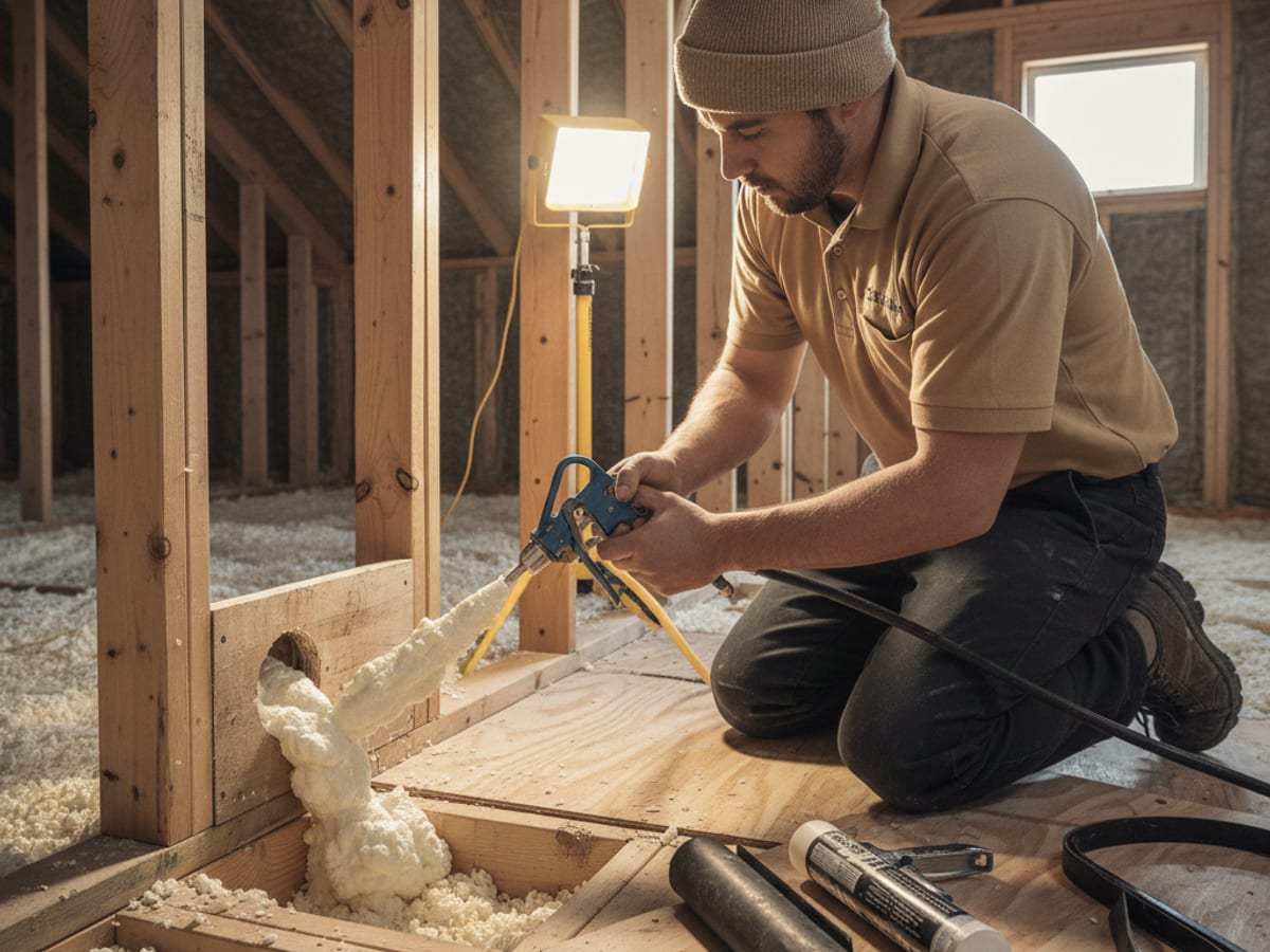 Worker applying expanding foam around a top-plate penetration during air-sealing