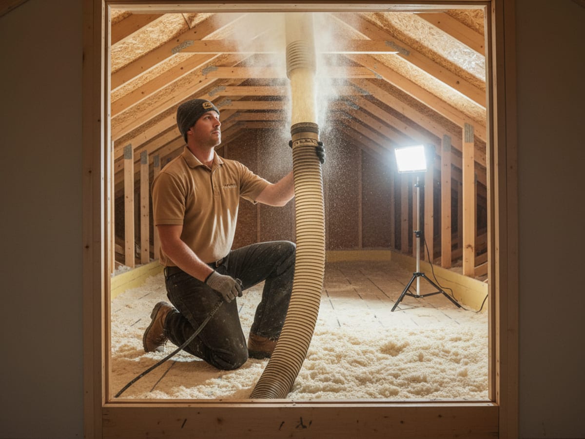 Insulation installer in a warm-tan polo blowing cellulose into a San Diego attic
