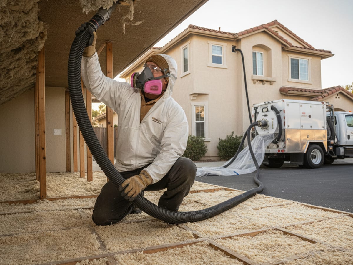 Worker in PPE running a vacuum hose to remove rodent-contaminated attic insulation