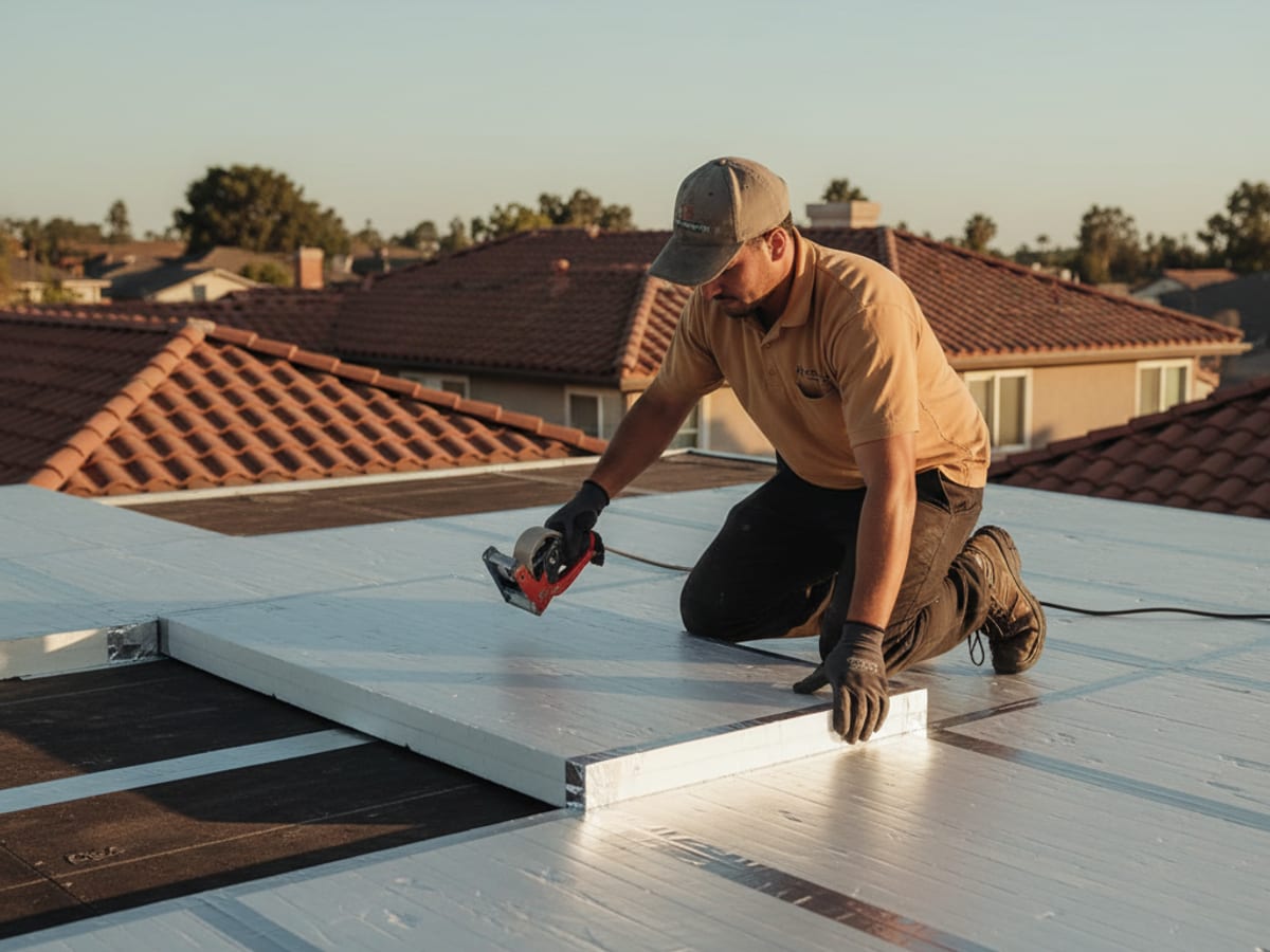 Polyiso rigid foam boards being installed on a low-slope roof deck