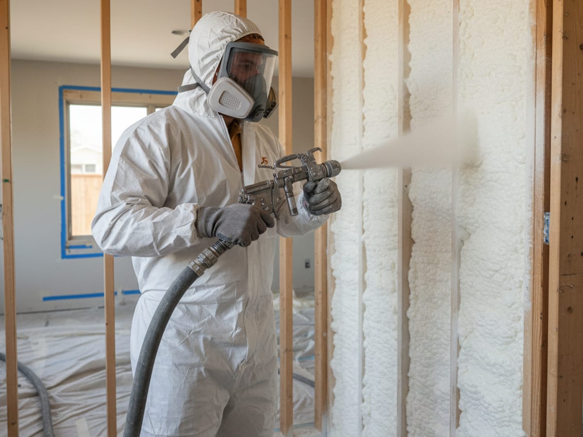 Spray foam contractor in protective gear applying closed-cell foam to a wall cavity